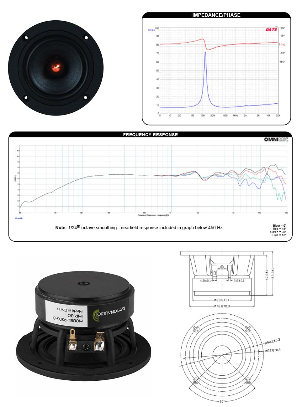 DAYTON AUDIO PS95-8 Speaker Driver Full Range 10W 8 Ohm 86dB 110Hz - 20kHz Ø9cm